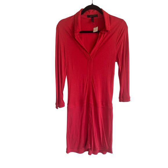 BCBG Max Azria Women's Red Collared Wrap Dress 3/4 Sleeve Stretchy Midi Size 12 - Picture 4 of 11